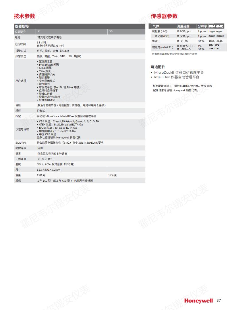 HoneywellBW MCXL diffusion 4-in-1 gas detector technical specification